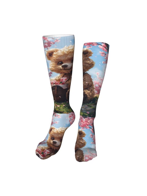 Romantic Floral Bear Print Calf Socks Seamless Toe, Knee High Long Socks, Sports Socks Trouser Socks for Women and Men-One Size