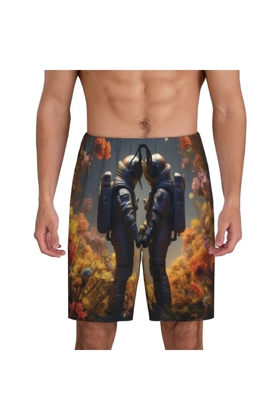 Romantic Flower Astronaut Couple Print Men's Sleepwear Shorts Pajama Bottom Lounge Short nightwear with Convenient Pockets for Relaxed Home Wear-XX-Large