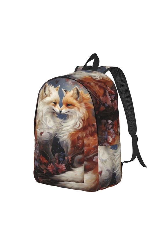 Romantic Flower Fox Couple Canvas College Laptop Backpack, a durable rucksack designed for both men and women, ideal for travel, school, and daily use-Small