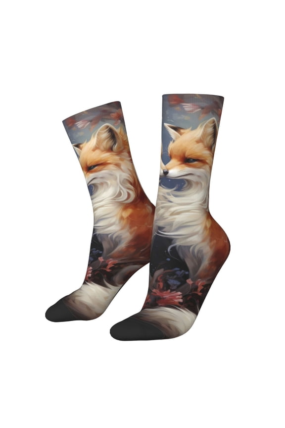 Romantic Flower Fox Couple Pattern Sport Socks for Women and Men Crew Socks Sporty Calf Socks Casual Socks