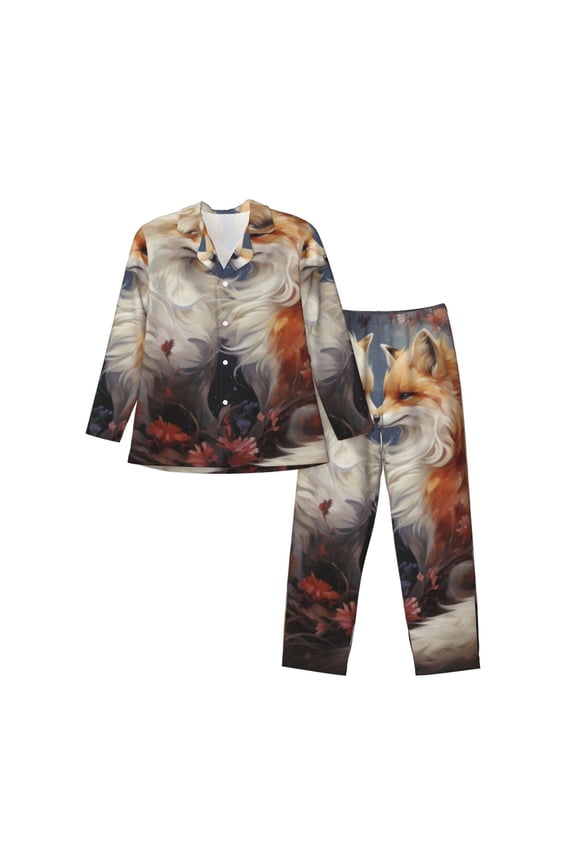 Romantic Flower Fox Couple Print Pajamas Set Mens Pajamas Long Sleeve Loungewear Two-Piece Sleepwear Button-Down Pjs Set,2PJS-Medium