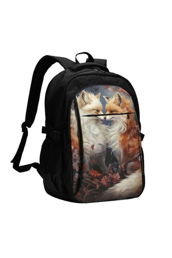 Romantic Flower Fox Couple for Travel Laptop Backpack, USB-Charging-Enabled, Spacious Business Backpack for Men and Women,College School Computer Bag