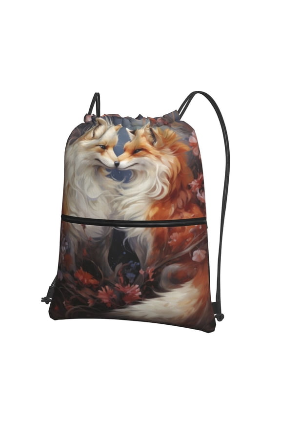 Romantic Flower Fox Couple for Drawstring Bags,Pull String Backpack Bags,String Bag Sackpack