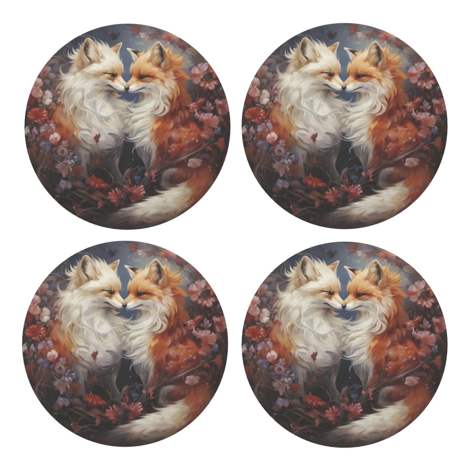 Xecao Romantic Flower Fox Couple for MDF Cork Coaster 4 Pcs,Drink ...