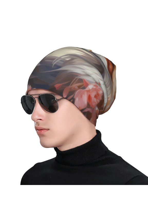 Romantic Flower Fox Print Beanie Knitted Hat for Men Women, Winter Fashion Knit Cuffed Caps Unisex