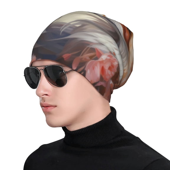 Xecao Romantic Flower Fox Print Beanie Knitted Hat for Men Women, Winter Fashion Knit Cuffed Caps Unisex