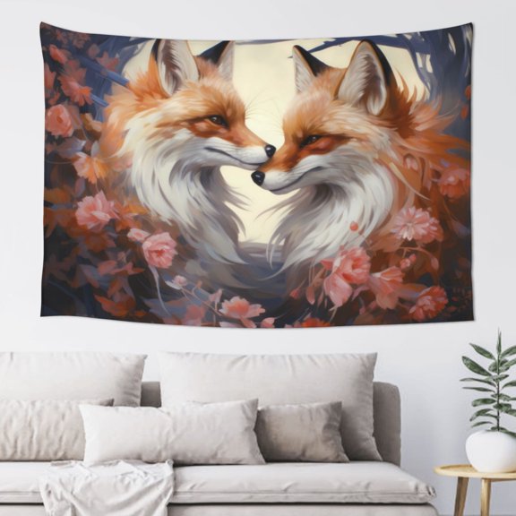 Xecao Romantic Flower Fox Print Tapestry, Wall Hanging Room Funny Decor, Backdrop Room Decor for Bedroom Living Room dormitory