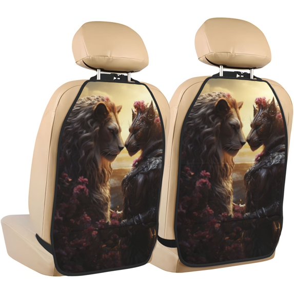 Xecao Romantic Flower Lion Couple Pattern Car Seat Back Protector 2 Pack Large Capacity Pocket, Kick Mats Back Seat Protector
