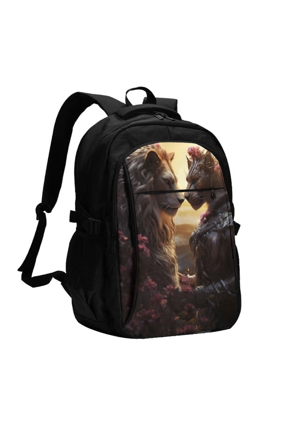 Romantic Flower Lion Couple for Travel Laptop Backpack, USB-Charging-Enabled, Spacious Business Backpack for Men and Women,College School Computer Bag