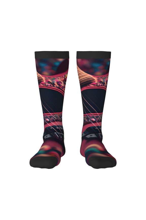Romantic Heart Guitar print thigh-high socks, crafted for both men and women with a stretchy, high-opaque design perfect for daily wear