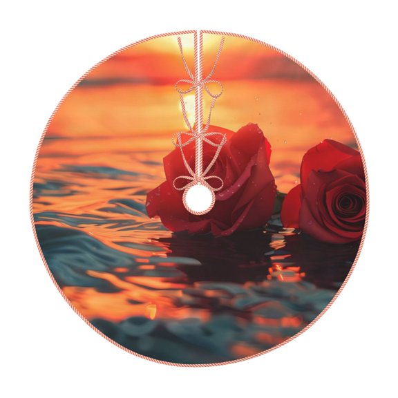Xecao Romantic Roses Sunset Ocean Pattern Christmas Tree Skirt Round Xmas Tree Mat Base Cover for Holiday Home Decorations-36"