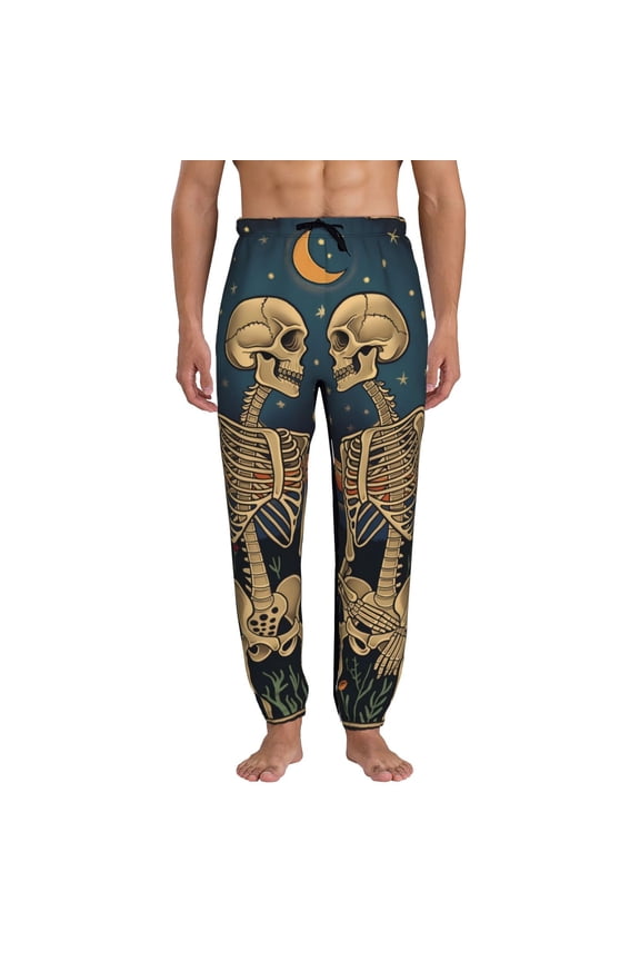 Romantic Skeletons Under Moon Print Active Tech Joggers for Men, Mens Sweatpants Lounge Pants with Pockets-Small
