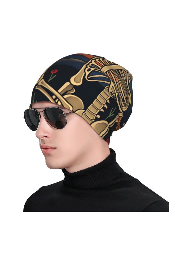 Romantic Skeletons Under Moon Print Beanie Knitted Hat for Men Women, Winter Fashion Knit Cuffed Caps Unisex