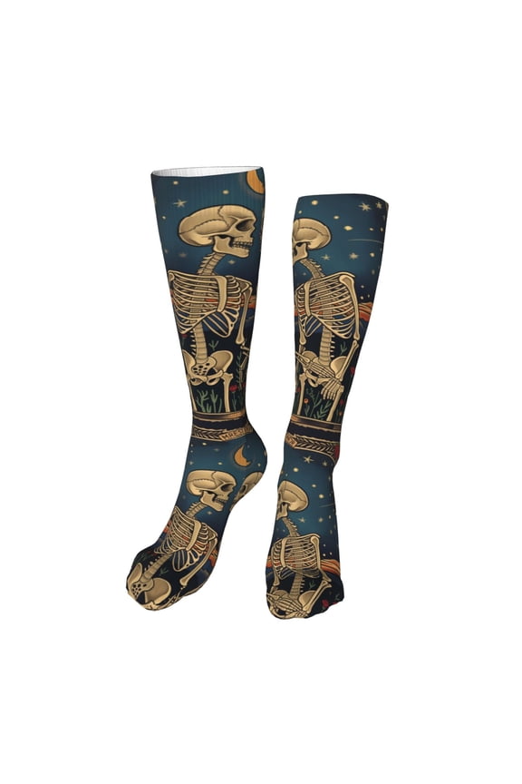 Romantic Skeletons Under Moon Print Calf Socks Seamless Toe, Knee High Long Socks, Sports Socks Trouser Socks for Women and Men-One Size
