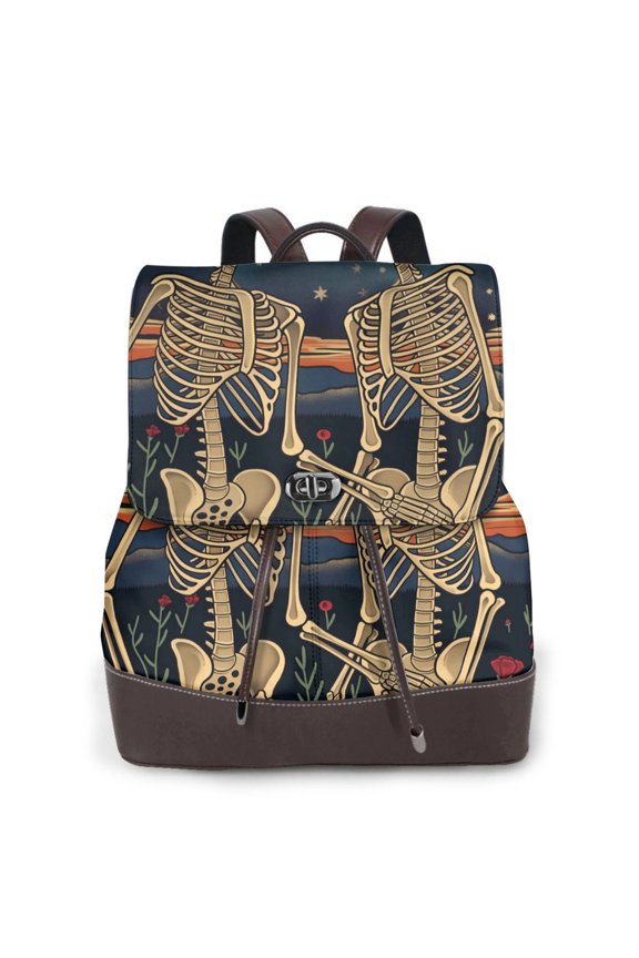 Romantic Skeletons Under Moon Print Large Backpack Soft Leather for Women Travel with Compartment, Adjustable Convertible Strap