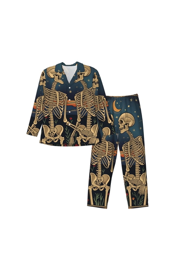 Romantic Skeletons Under Moon Print Pajamas Set Mens Pajamas Long Sleeve Loungewear Two-Piece Sleepwear Button-Down Pjs Set,2PJS-Small