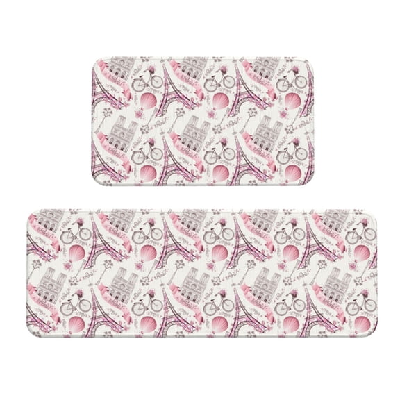 Xecao Romantic Travel In Paris Patten Kitchen Rugs and Mats Sets,2 Pieces Non-Slip Washable Rugs, Kitchen Mat for Floor,Suit for Kitchen Decor and Accessories