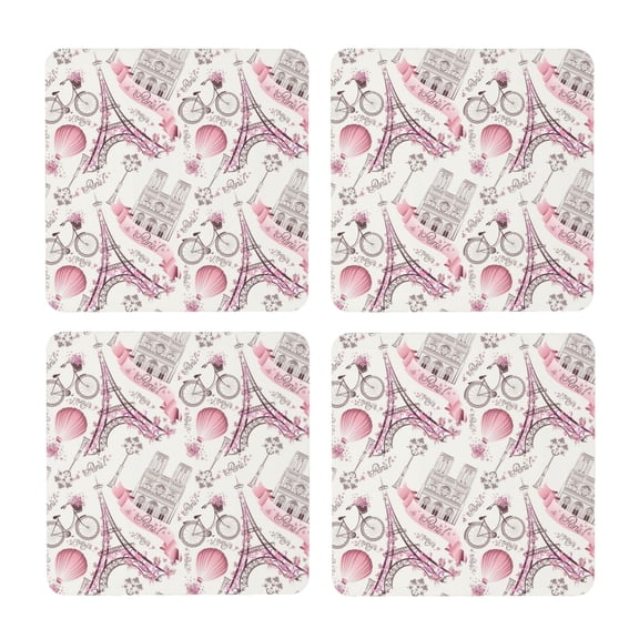 Xecao Romantic Travel In Paris for MDF Cork Coaster 4 Pcs,Drink Coasters,Suit for House Warming Gifts New Home ,Coffee Table Decor-Square