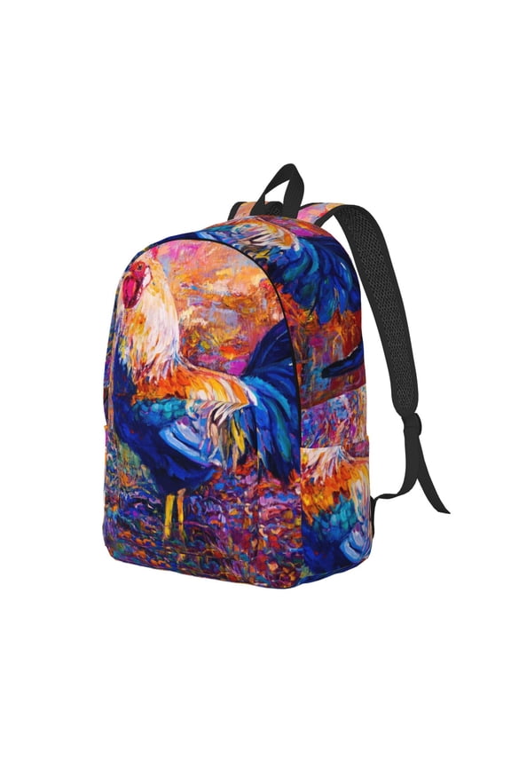Rooster Oil Painting Canvas College Laptop Backpack, a durable rucksack designed for both men and women, ideal for travel, school, and daily use-Medium