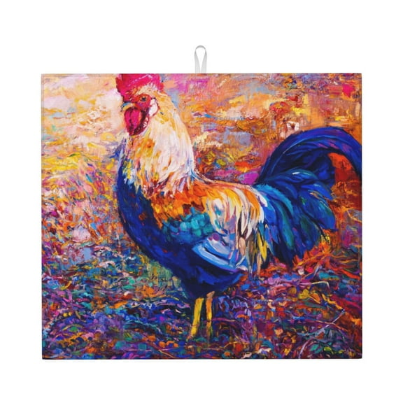 Xecao Rooster Oil Painting Print Dish Drying Mat for Kitchen Counter,Absorbent Coffee Bar Mat, Dish Drainer Rack Mats,Dining Room Decoration