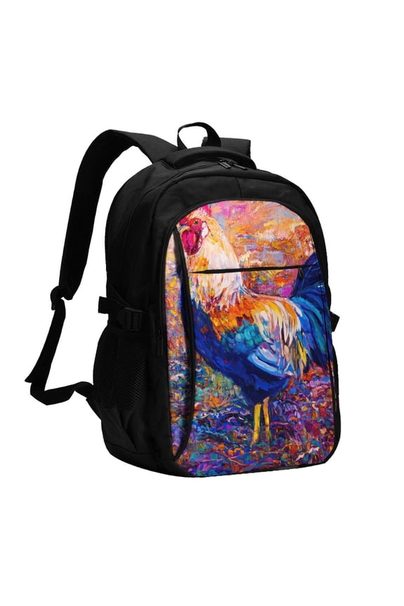 Rooster Oil Painting for Travel Laptop Backpack, USB-Charging-Enabled, Spacious Business Backpack for Men and Women,College School Computer Bag