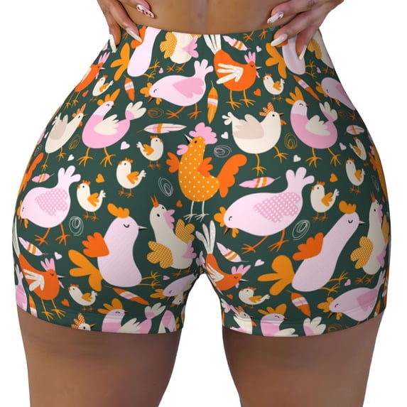Xecao Roosters and Chicks Print Workout Shorts for Women Soft Smooth Gym Yoga Scrunch Active Tennis Workout Running Shorts