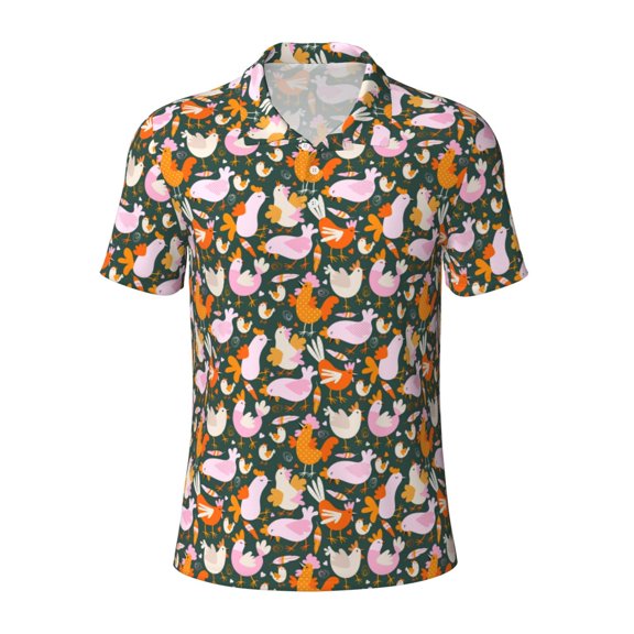 Xecao Roosters and Chicks for Mens' Casual Short Sleeve Button-Down Polo Shirts for a Classic Golf Look