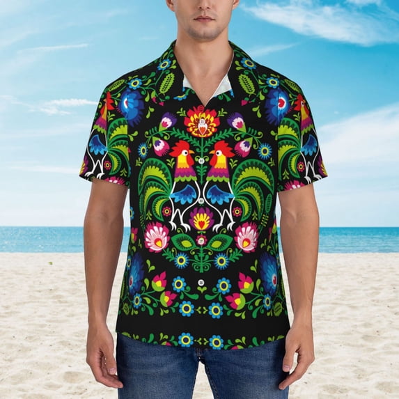 Xecao Roosters and Flowers print Hawaiian shirt - a stylish short-sleeve button-down for men, perfect for casual beach and tropical outings.