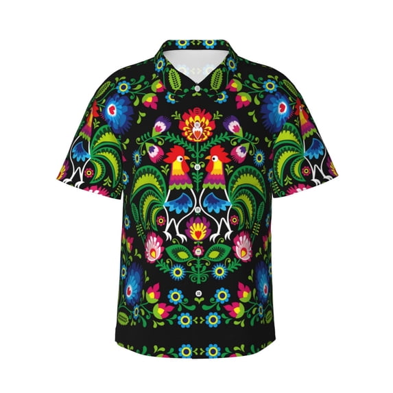 Xecao Roosters and Flowers print Hawaiian shirt - a stylish short-sleeve button-down for men, perfect for casual beach and tropical outings.
