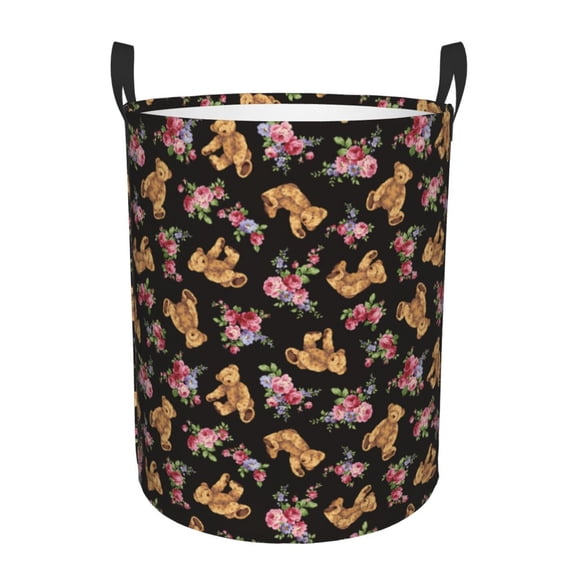 Xecao Rose Flower Bear Print Laundry Hamper Basket,designed for Blanket Storage and Nursery Clothes in the Bedroom