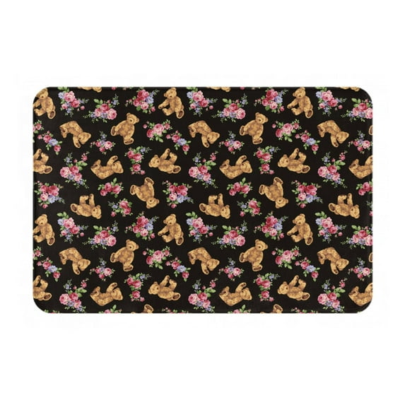 Xecao Rose Flower Bear print Flannel Mat: Non-slip, 16x24in. Ideal for kitchen, bedroom, bath & living room.