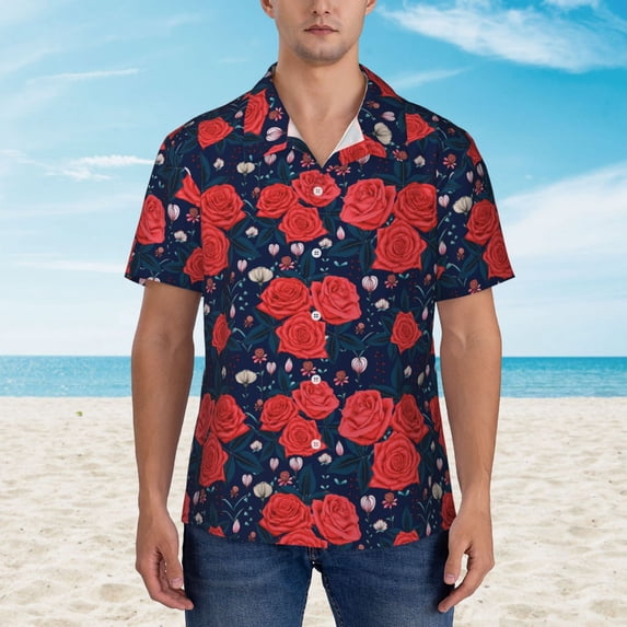 Xecao Rose Flower print Hawaiian shirt - a stylish short-sleeve button-down for men, perfect for casual beach and tropical outings.
