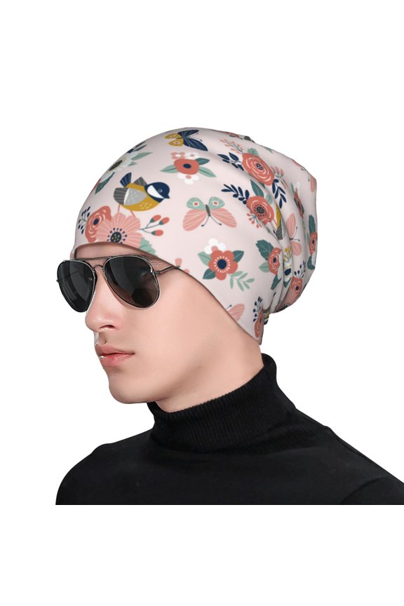 Rose Flowers Print Beanie Knitted Hat for Men Women, Winter Fashion Knit Cuffed Caps Unisex