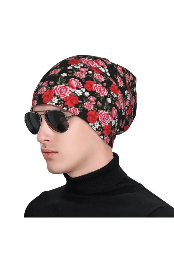 Rose Flowers Print Beanie Knitted Hat for Men Women, Winter Fashion Knit Cuffed Caps Unisex