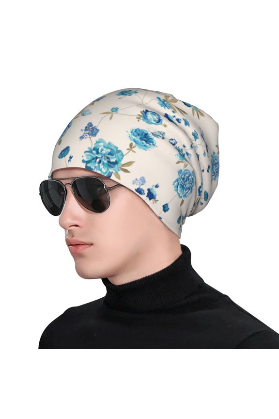 Rose Flowers Print Beanie Knitted Hat for Men Women, Winter Fashion Knit Cuffed Caps Unisex