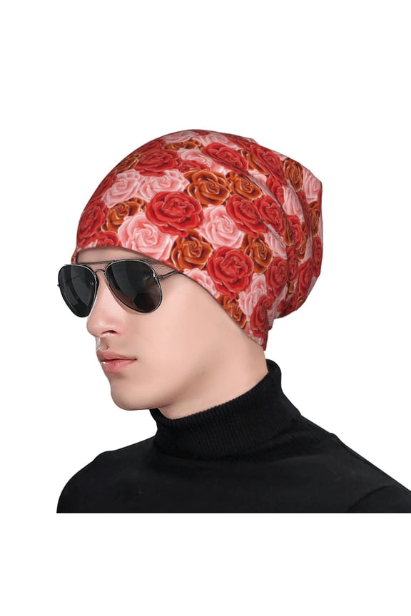 Rose Flowers Print Beanie Knitted Hat for Men Women, Winter Fashion Knit Cuffed Caps Unisex