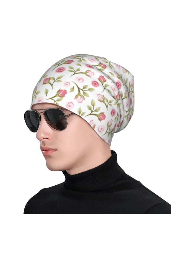 Rose Flowers Print Beanie Knitted Hat for Men Women, Winter Fashion Knit Cuffed Caps Unisex