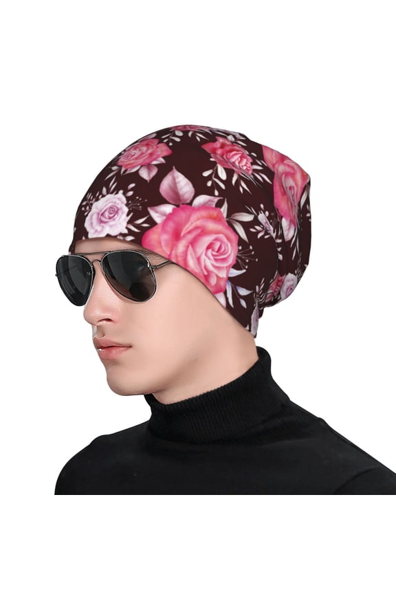 Rose Flowers Print Beanie Knitted Hat for Men Women, Winter Fashion Knit Cuffed Caps Unisex