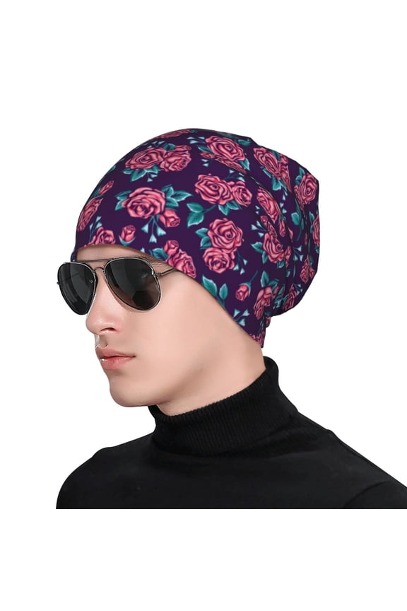 Rose Flowers Print Beanie Knitted Hat for Men Women, Winter Fashion Knit Cuffed Caps Unisex