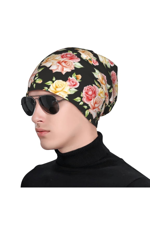 Rose Flowers Print Beanie Knitted Hat for Men Women, Winter Fashion Knit Cuffed Caps Unisex