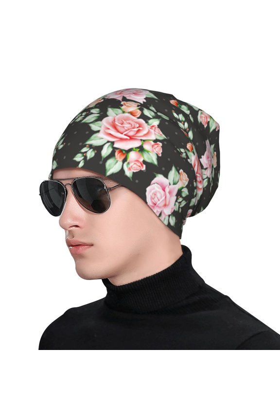 Rose Flowers Print Beanie Knitted Hat for Men Women, Winter Fashion Knit Cuffed Caps Unisex