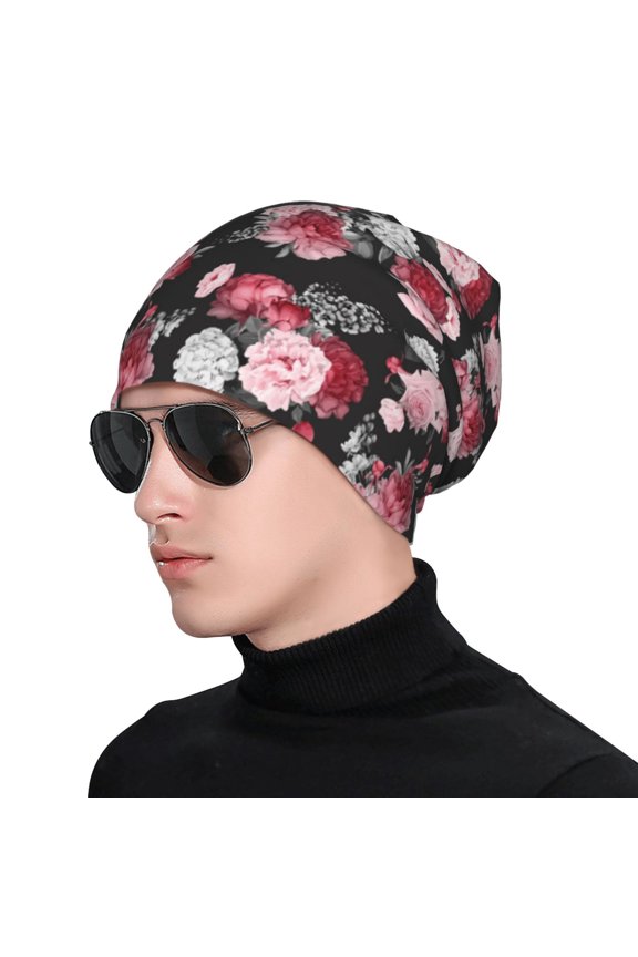 Rose Flowers Print Beanie Knitted Hat for Men Women, Winter Fashion Knit Cuffed Caps Unisex