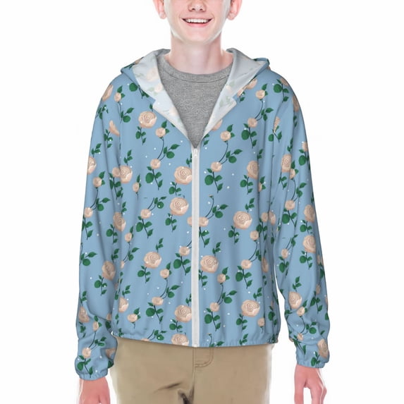 Xecao Rose Flowers Print Fishing Shirts for teenager Long Sleeve UV Sun Protection Hoodie with Zipper Outdoor Hiking Shirts-Large