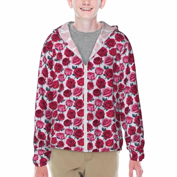 Xecao Rose Flowers Print Fishing Shirts for teenager Long Sleeve UV Sun Protection Hoodie with Zipper Outdoor Hiking Shirts-Medium