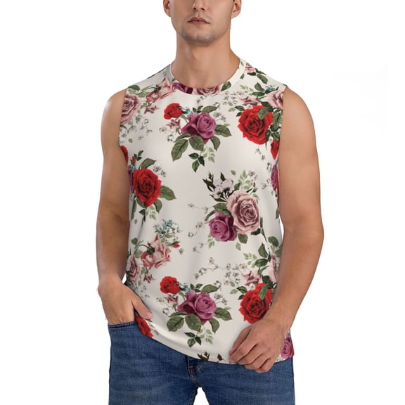 Xecao Rose Flowers Print Men's Tank Top: Sleek Sleeveless Tee for Casual Sports and Beach Occasions-Medium