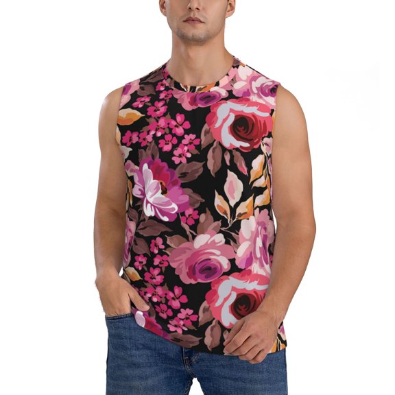 Xecao Rose Flowers Print Men's Tank Top: Sleek Sleeveless Tee for Casual Sports and Beach Occasions-XX-Large