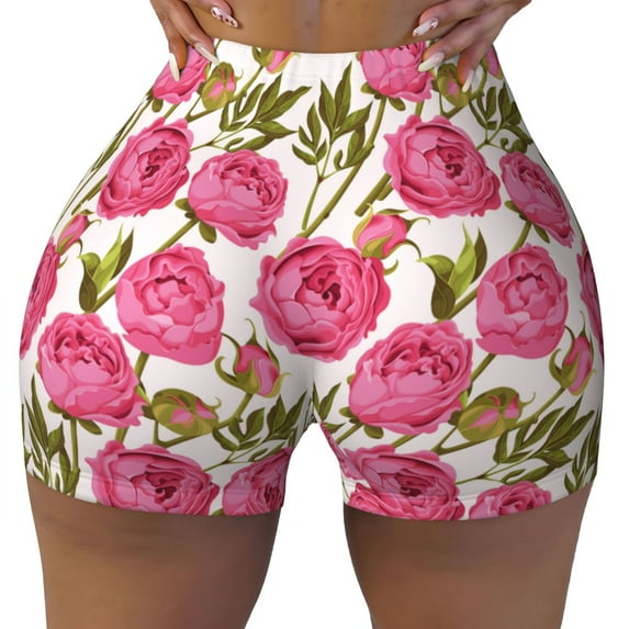 Xecao Rose Flowers Print Workout Shorts for Women Soft Smooth Gym Yoga Scrunch Active Tennis Workout Running Shorts
