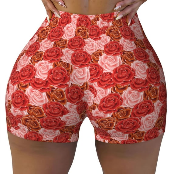 Xecao Rose Flowers Print Workout Shorts for Women Soft Smooth Gym Yoga Scrunch Active Tennis Workout Running Shorts