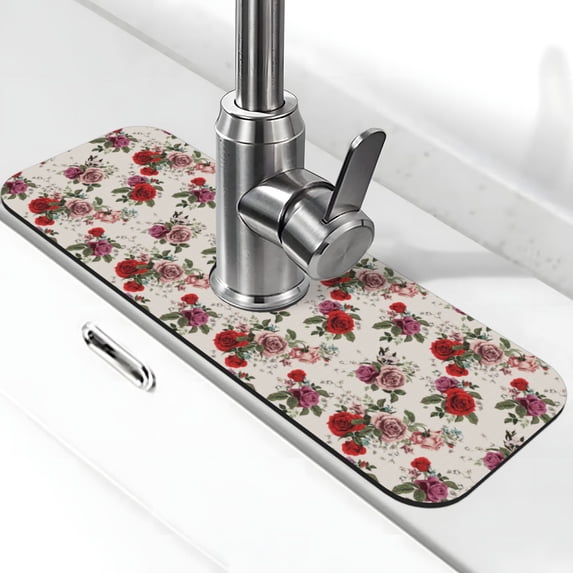 Xecao Rose Flowers for Kitchen Sink Splash Guard Faucet Mat , Faucet Guard & Draining mat, (15" X 5.5" )