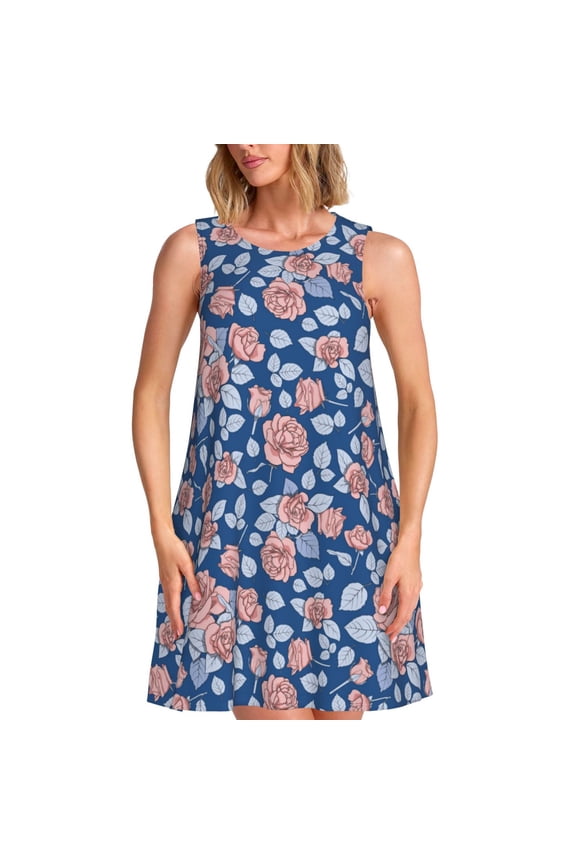 Rose Flowers for Summer Dresses for Women Casual Sundresses Beach Cover Ups Sleeveless Tshirt Swing Dress with Pockets